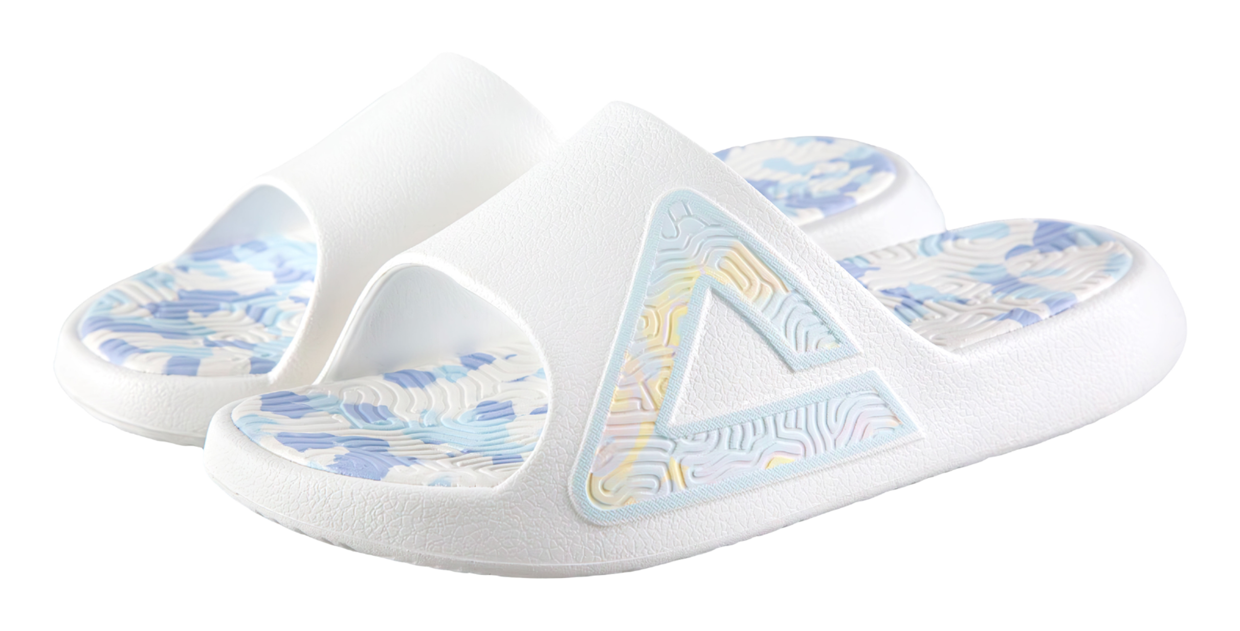 Unisex recovery slides with white upper, light blue logo, and blue camo insole