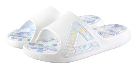 Unisex recovery slides with white upper, light blue logo, and blue camo insole