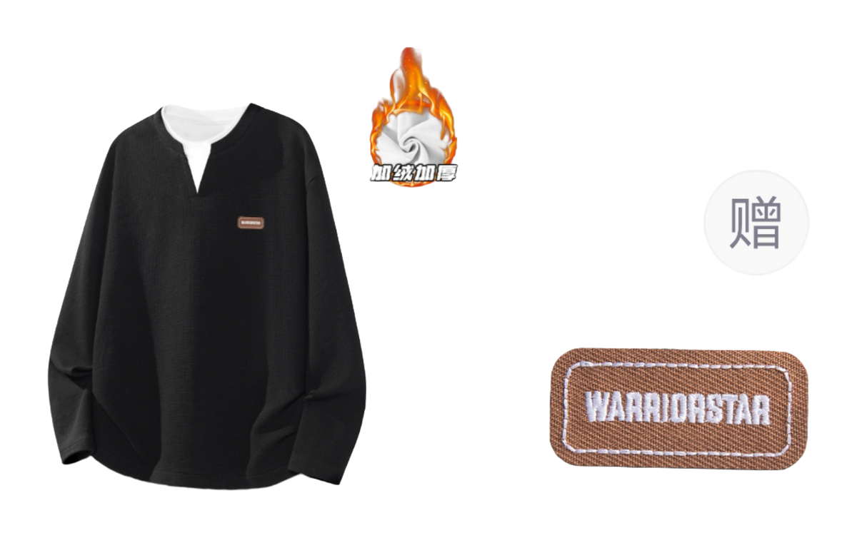 Warrior Warrior Double V-neck Spring/Autumn Velvet Hoodie Bottom Top Loose Casual Versatile Fashion Trendy Brand Simple Basic Long Sleeve T-shirt Unisex  vjsneaker.com