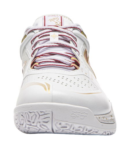 White lace-up badminton shoe front view with red and gold accents