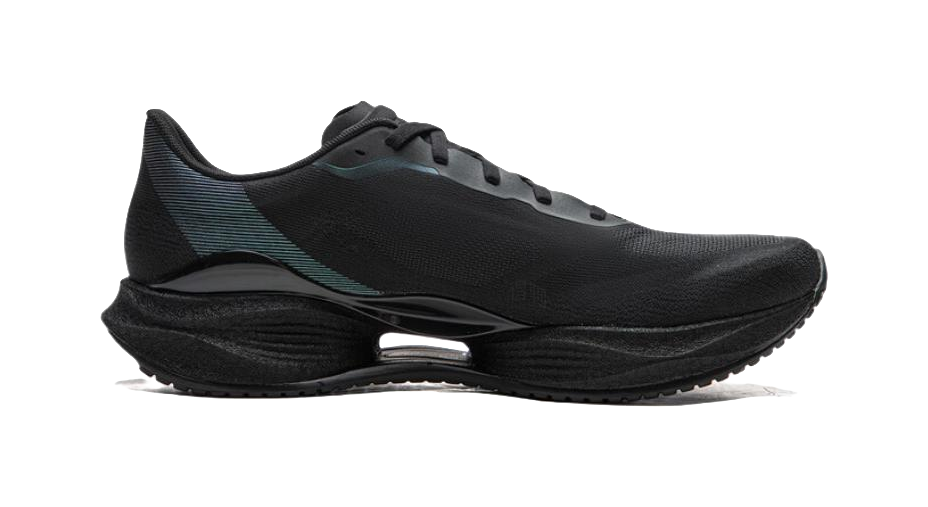Black unisex running shoe side view with lace-up mesh upper and cushioned sole