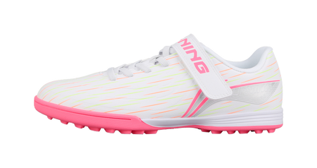 Pink and white youth turf soccer training shoe with hook-and-loop strap, side view