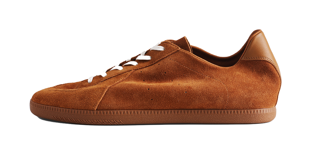 Brown suede low-top lace-up sneakers with cushioned sole