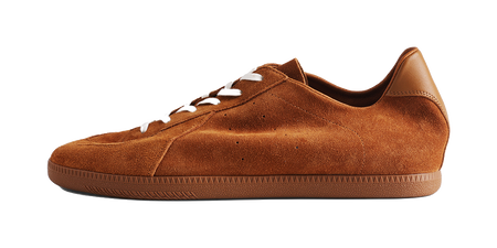 Brown suede low-top lace-up sneakers with cushioned sole