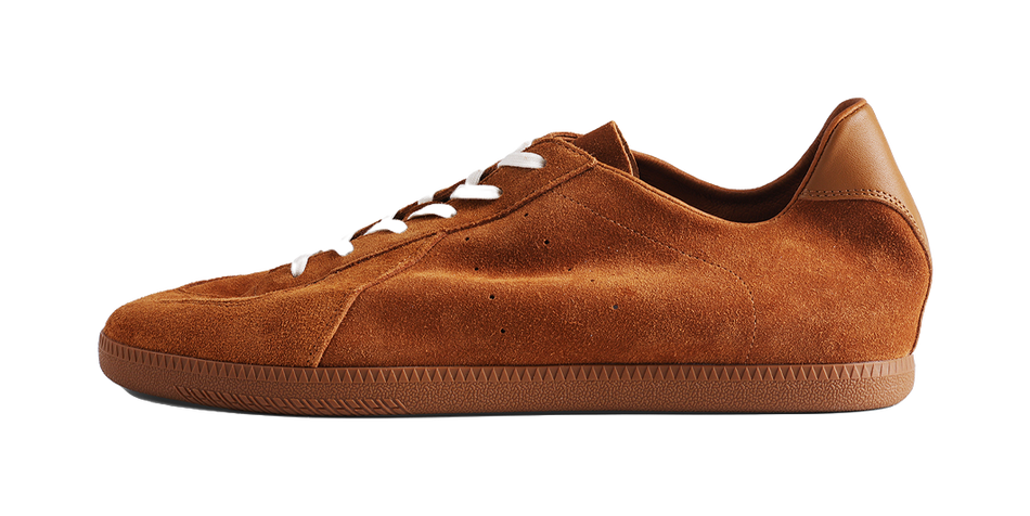 Brown suede low-top lace-up sneakers with cushioned sole