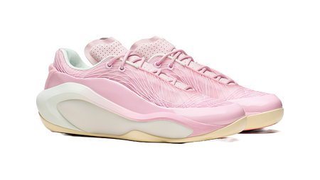 Men's bubble gum pink basketball shoe, angled side view with perforated upper