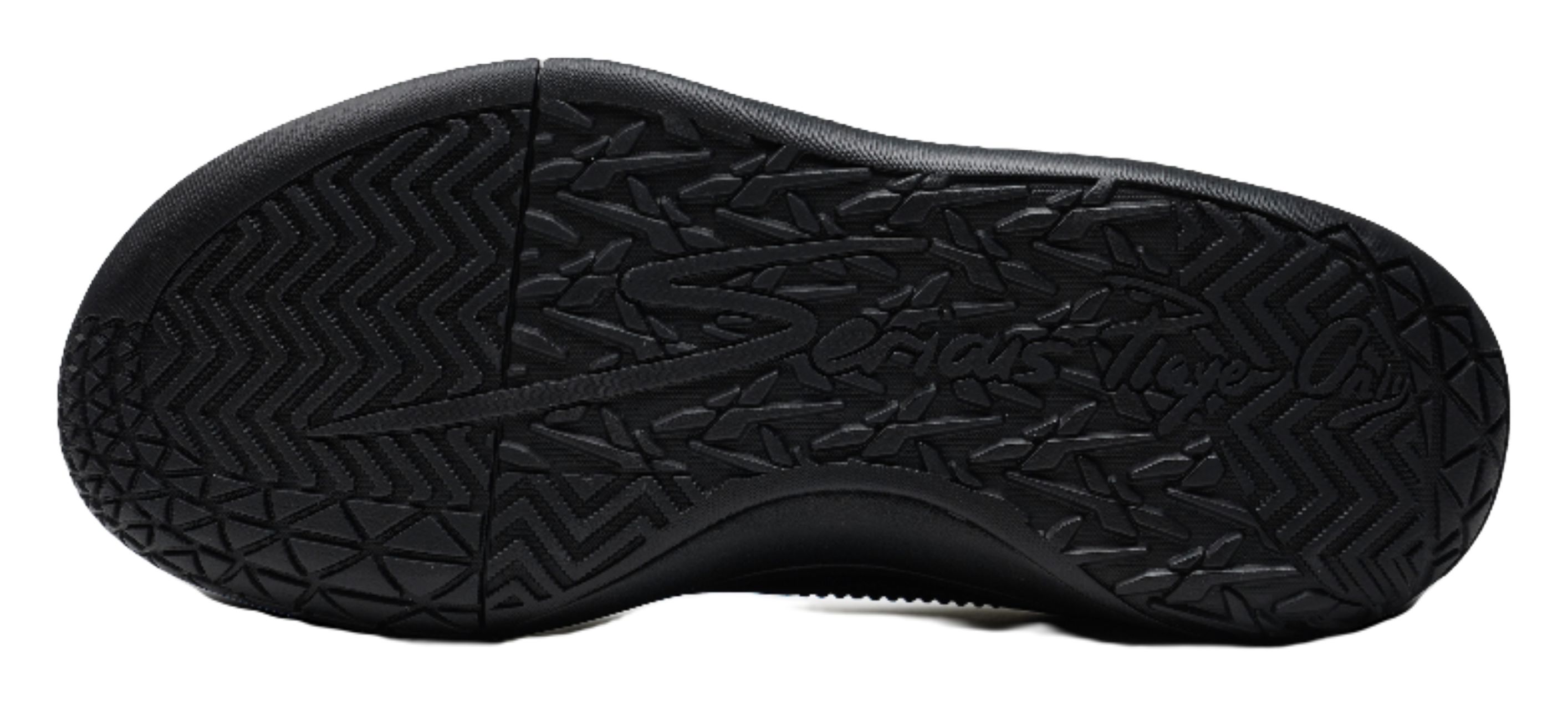 Unisex basketball shoe outsole with black textured tread and patterned traction grooves.