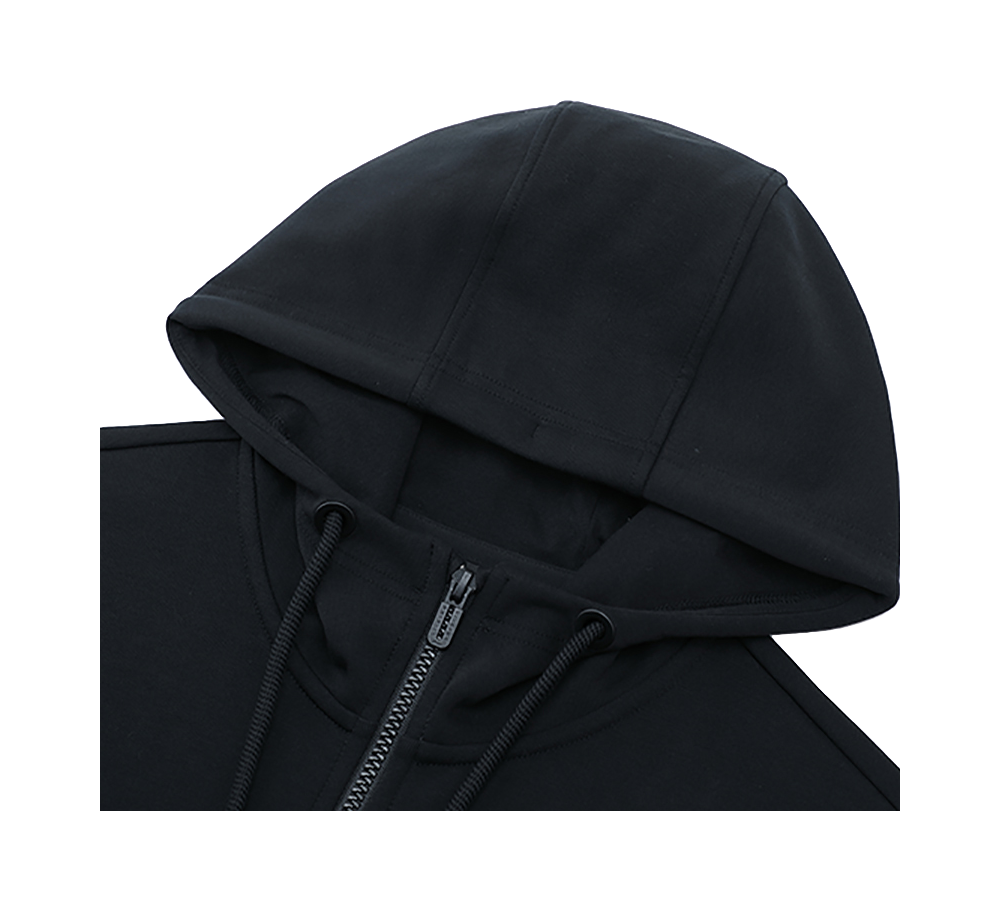 Black zip-up hoodie with drawstring hood, front zipper, and kangaroo pocket detail