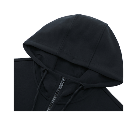 Black zip-up hoodie with drawstring hood, front zipper, and kangaroo pocket detail