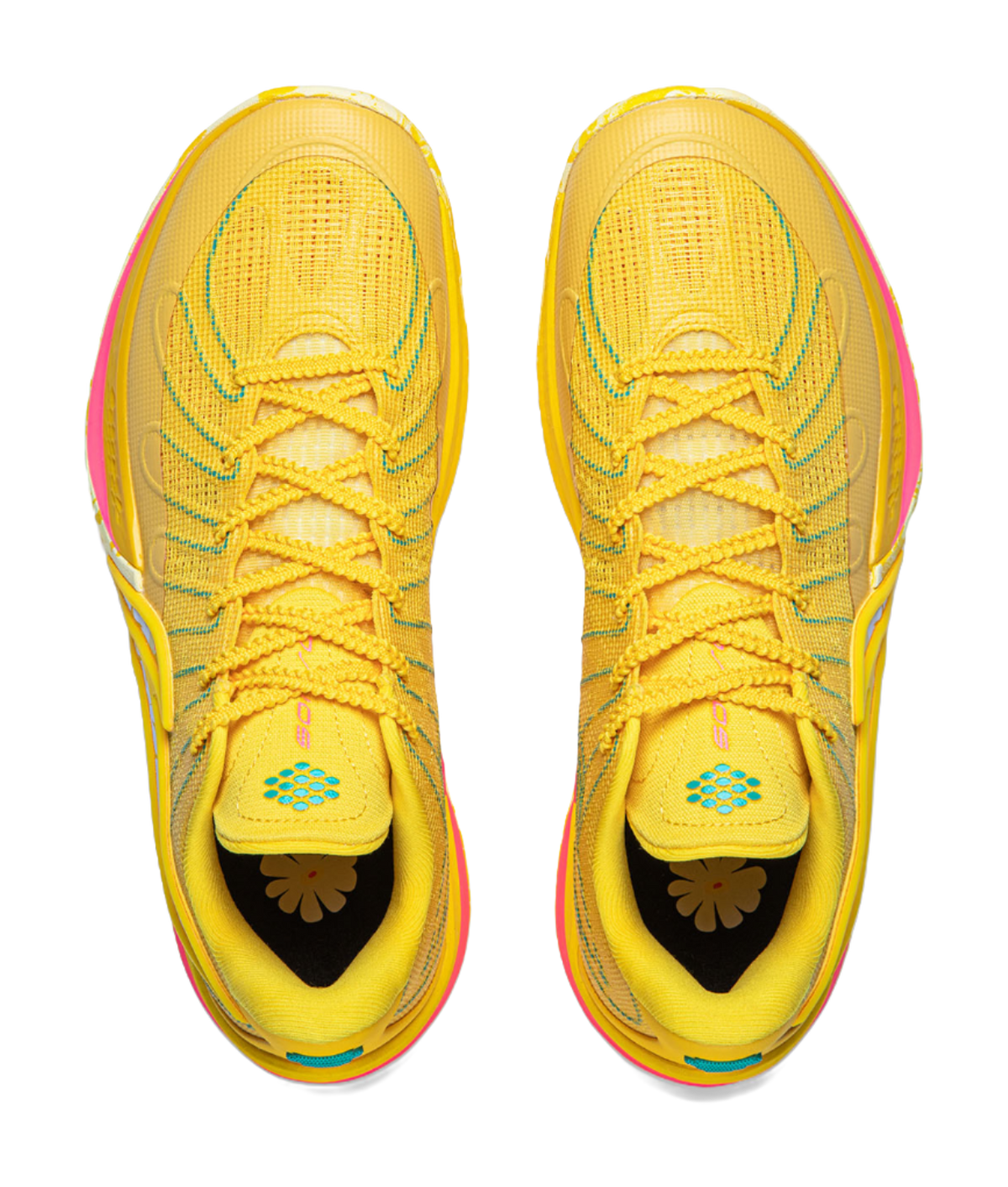 Pair of lemon yellow lace-up basketball shoes with cushioned tongue and flower heel graphic