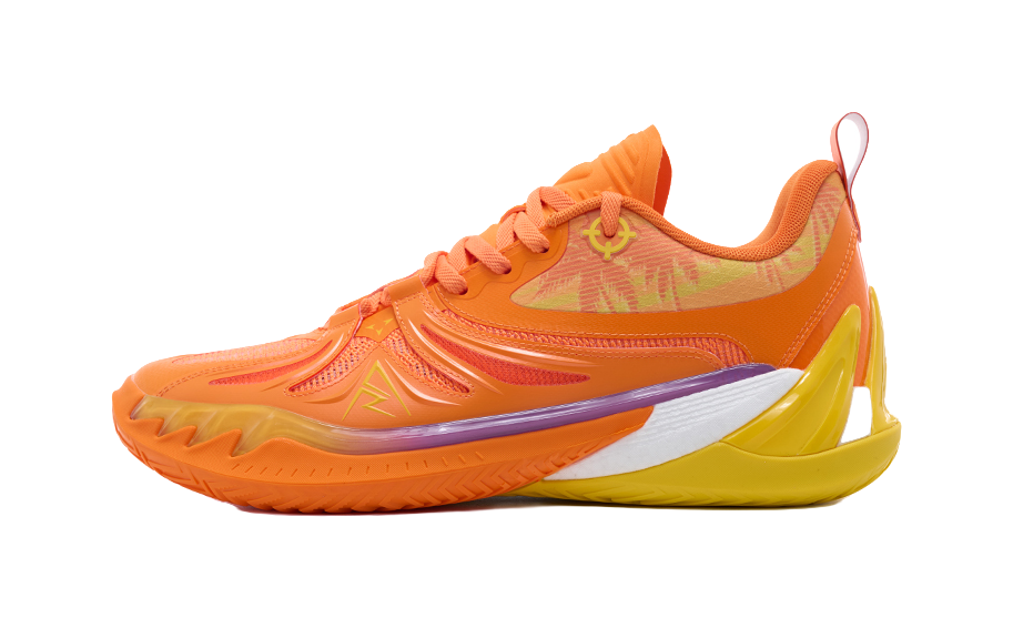 Orange basketball shoe with yellow sole and white accents, lace-up design