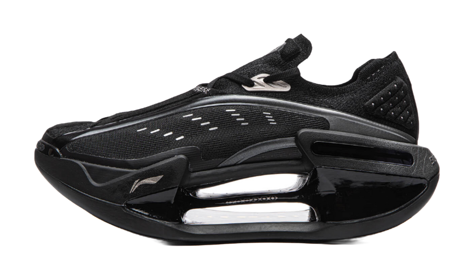 Black Li Ning Shadow 4 low-top running shoes, black mesh upper and glossy midsole