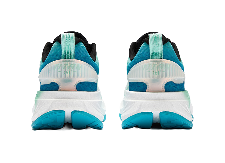 Men's running shoes heel view, white and sea wave blue with cushioned back collar