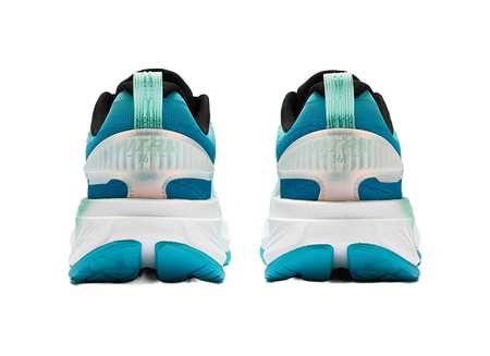 Men's running shoes heel view, white and sea wave blue with cushioned back collar
