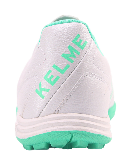 Kelme TF training soccer shoes, heel with KELME logo and mint green trim.