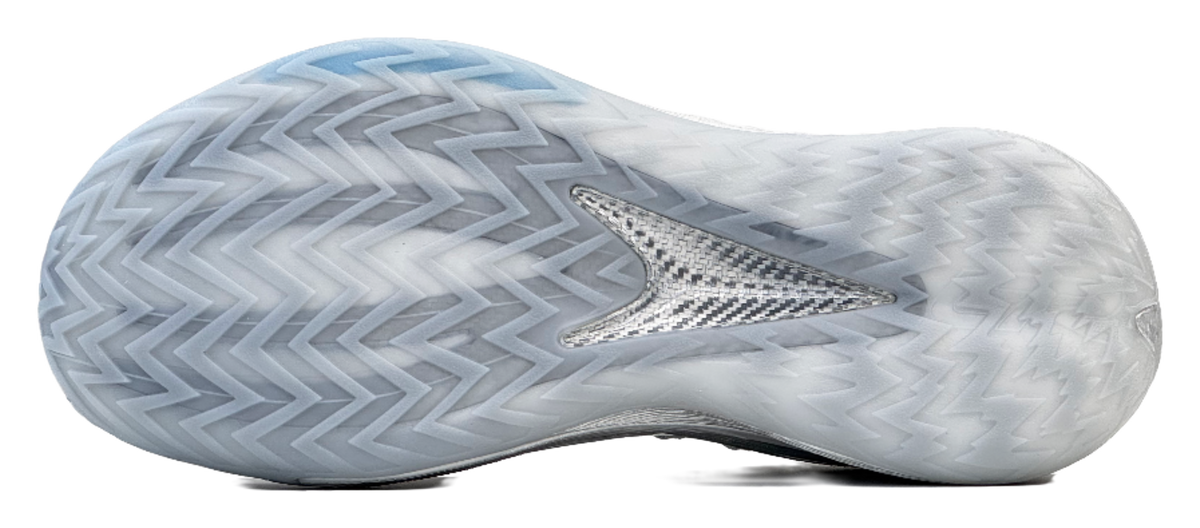 Silver low-top basketball shoe outsole, zigzag tread and traction pattern