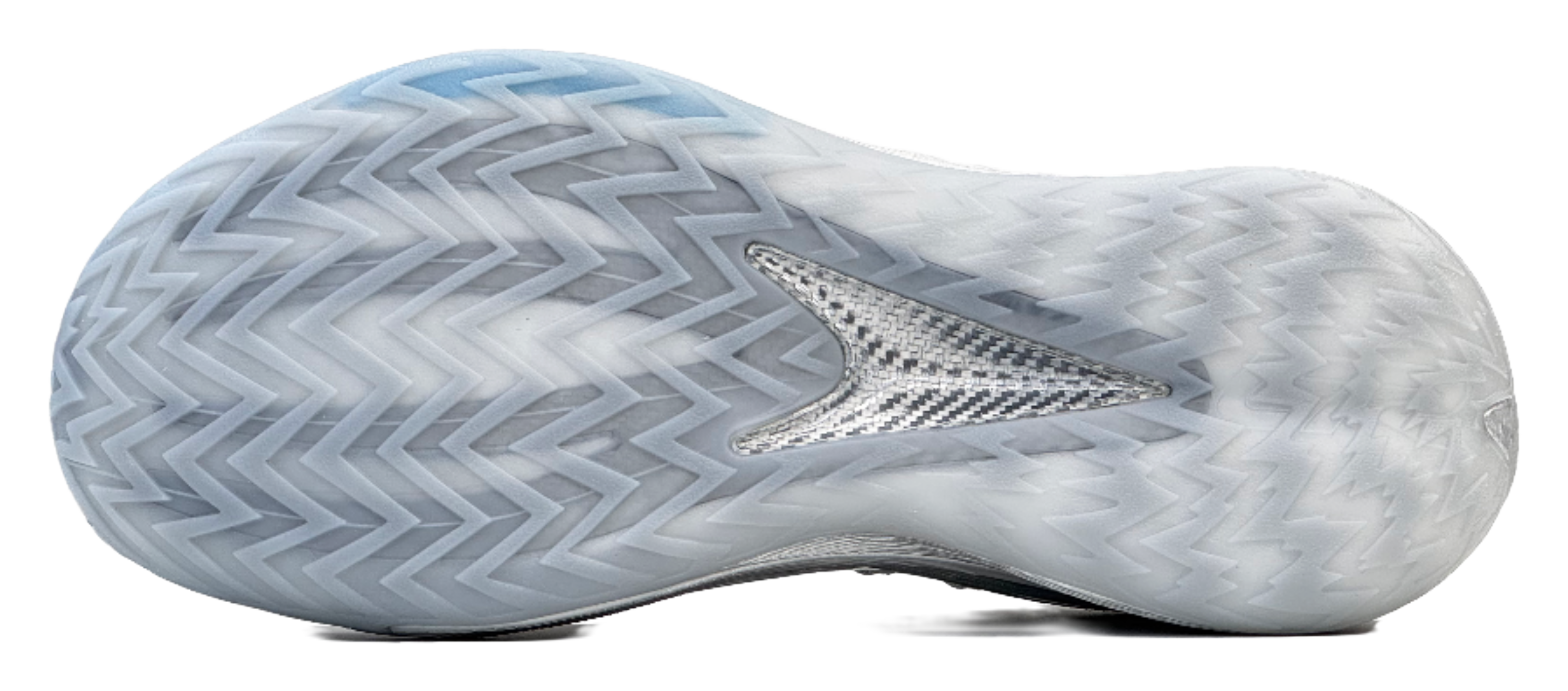 Silver low-top basketball shoe outsole, zigzag tread and traction pattern