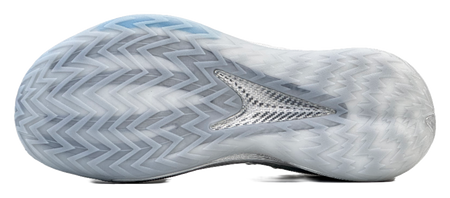 Silver low-top basketball shoe outsole, zigzag tread and traction pattern