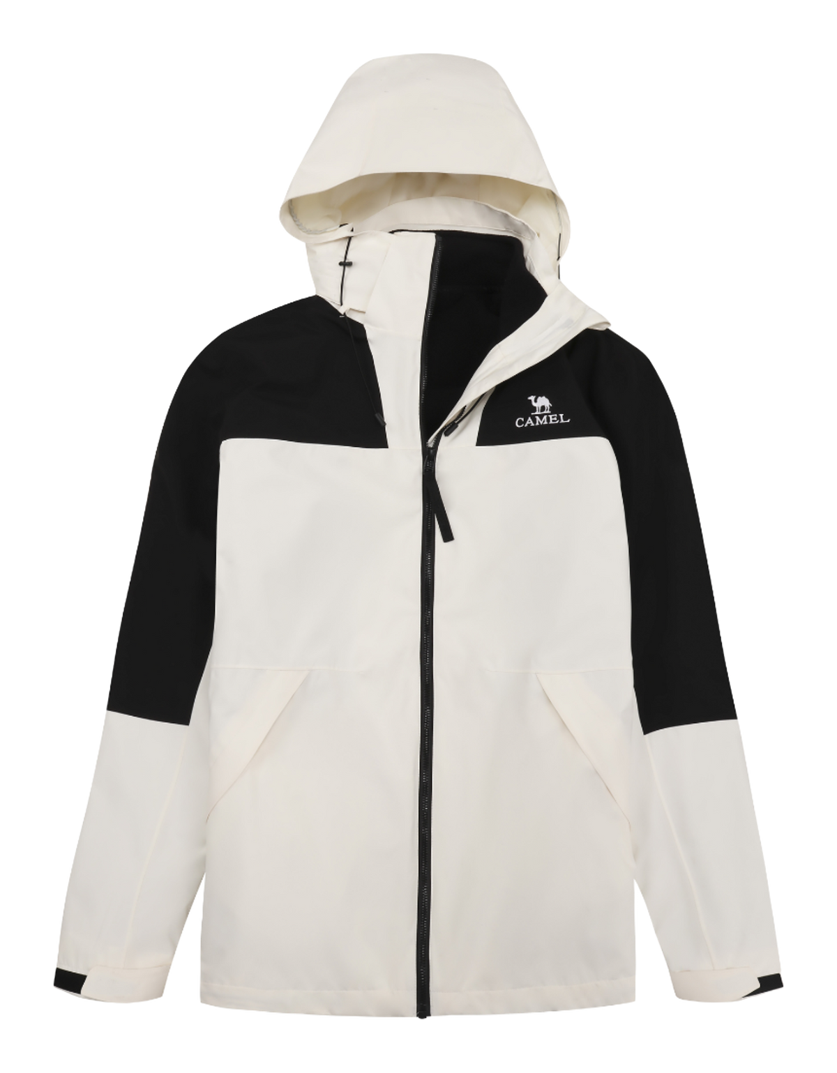 Colorblock windbreaker jacket with hood, full zip, white front with black side panels, CAMEL logo.