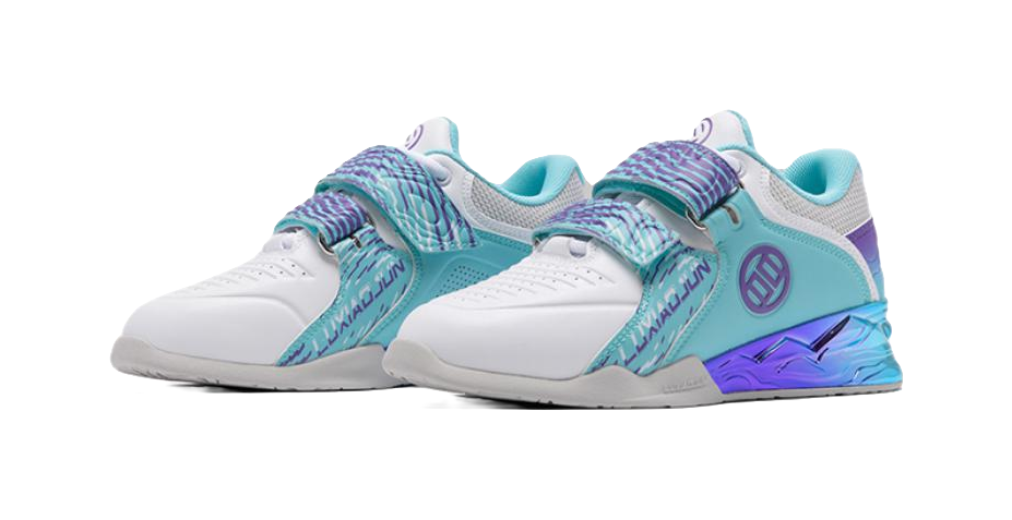 Pair of teal and purple low-top training shoes, front side by side