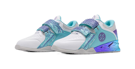 Pair of teal and purple low-top training shoes, front side by side