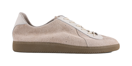 Khaki suede low-top sneaker with white lace-up panel and grippy rubber edge
