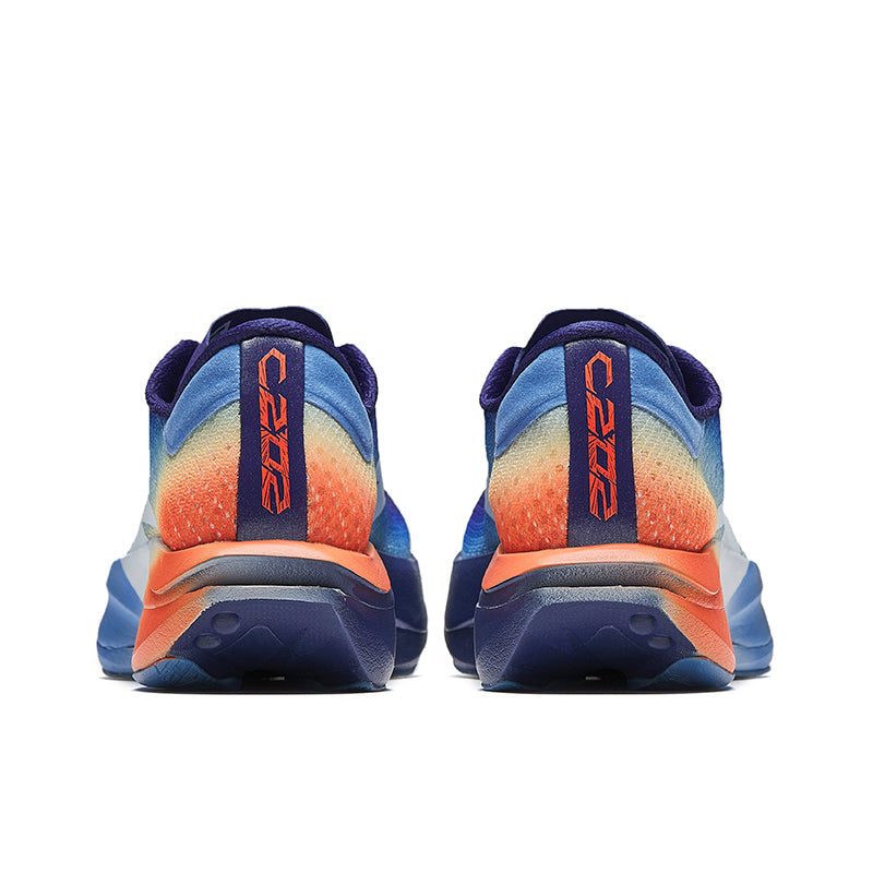 Pair of men's running shoes, blue upper with orange heel panel and rear bumper