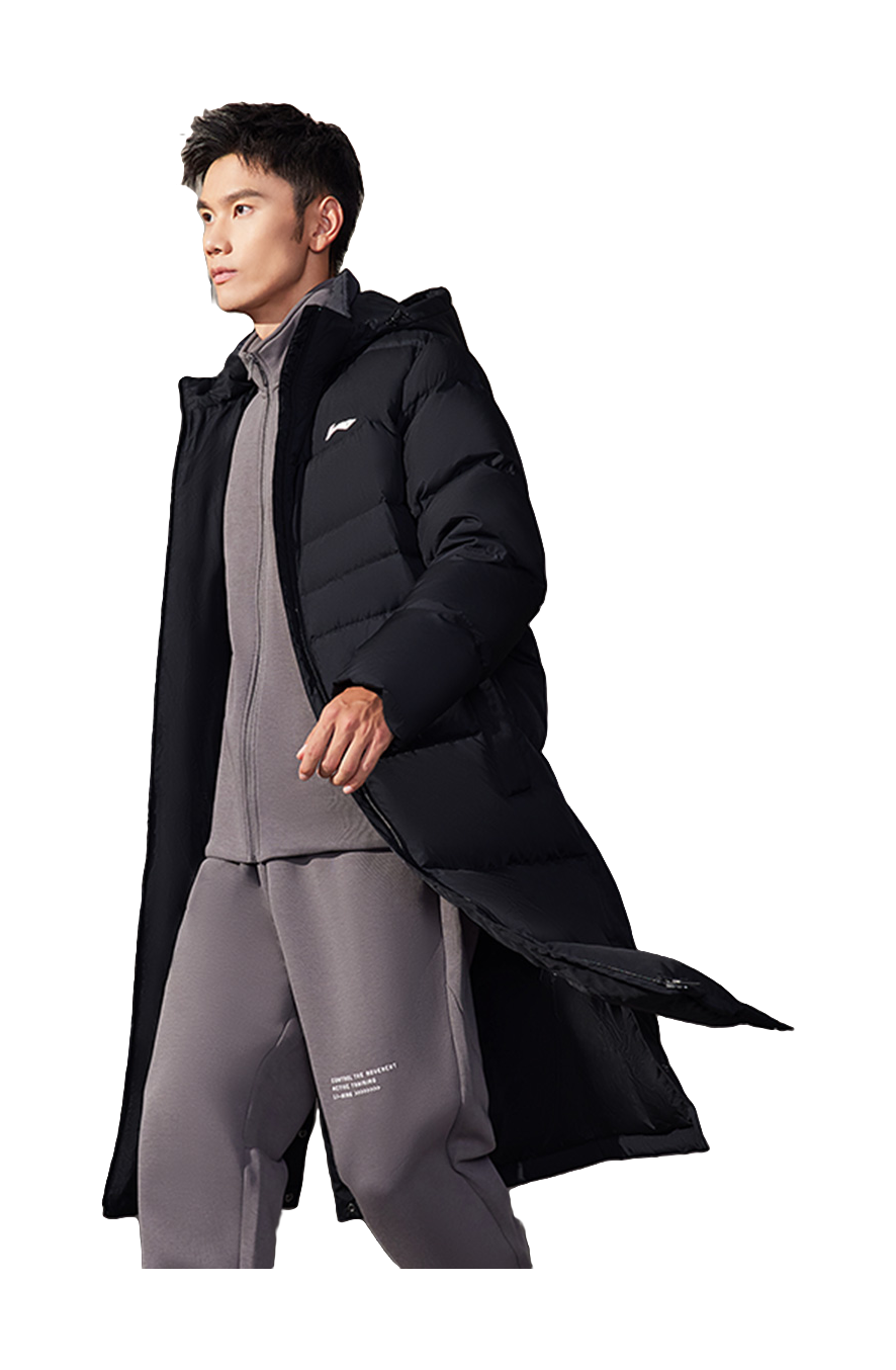 Men's black long puffer down jacket, side profile view, zip front and hood