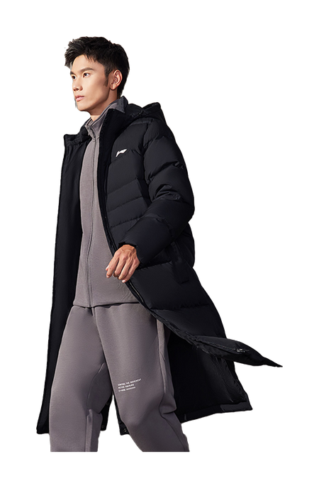 Men's black long puffer down jacket, side profile view, zip front and hood