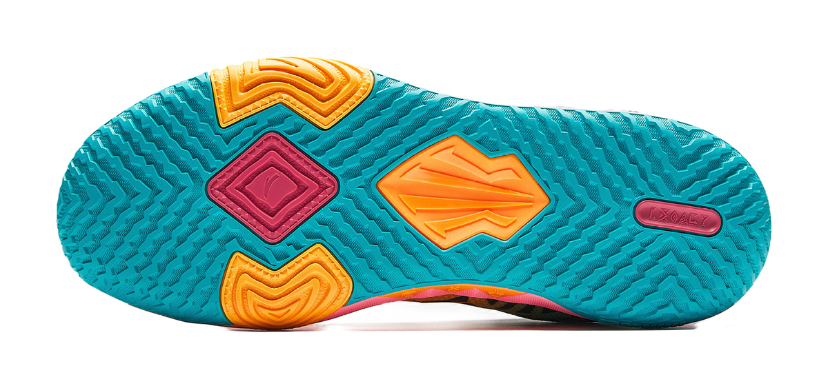 Anta KAI 2 Team basketball shoe outsole tread in teal with orange and pink marks
