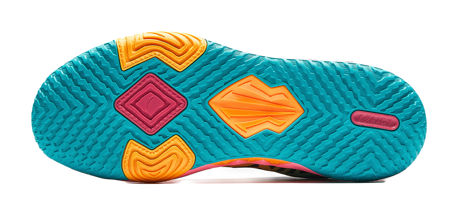 Anta KAI 2 Team basketball shoe outsole tread in teal with orange and pink marks