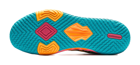 Anta KAI 2 Team basketball shoe outsole tread in teal with orange and pink marks
