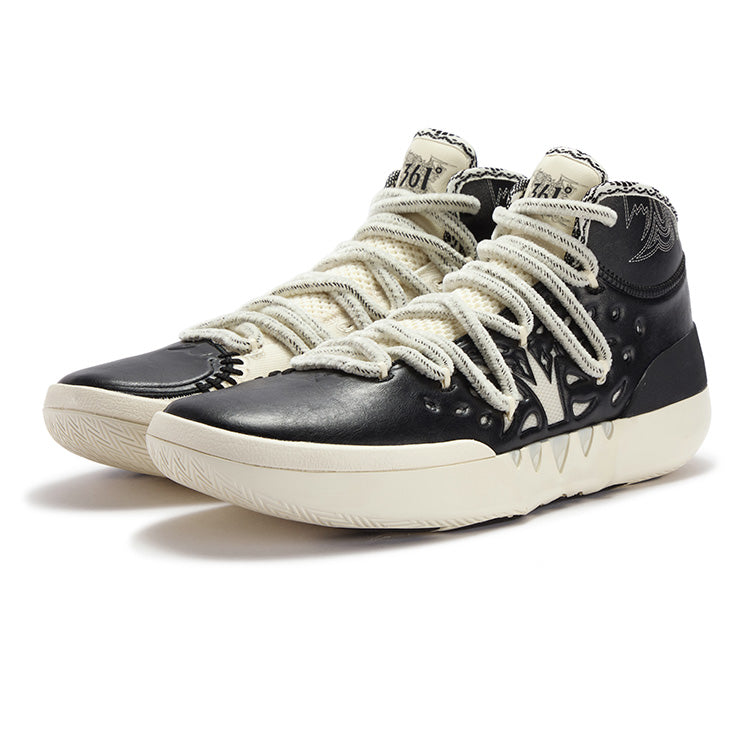 Men's basketball shoes, black leather upper with white laces and lace-up front