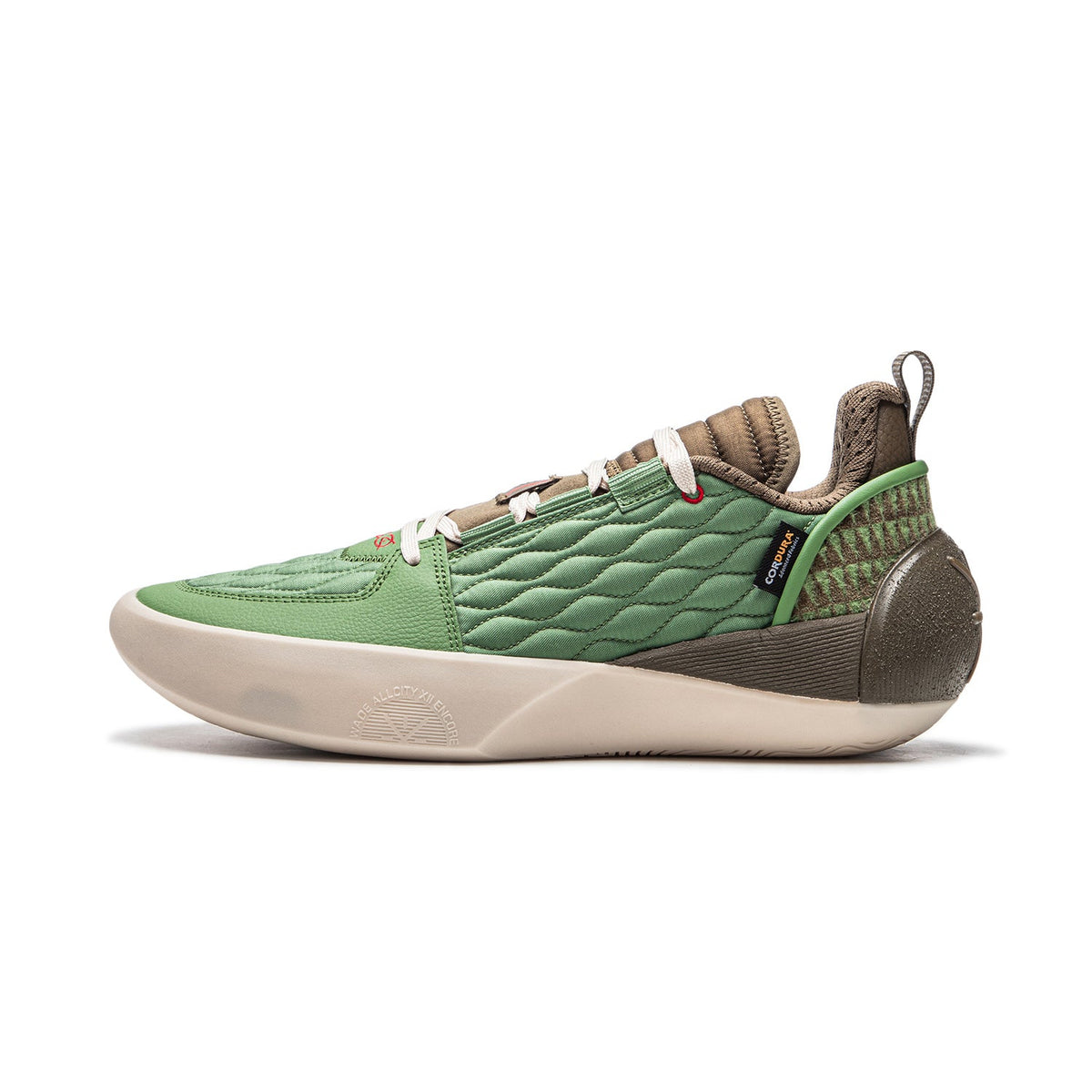 Men's basketball shoe in stone moss green with quilted upper and brown heel collar