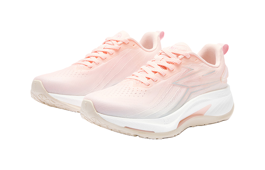 Women's low-top running shoes in pink and white, lace-up with breathable perforations