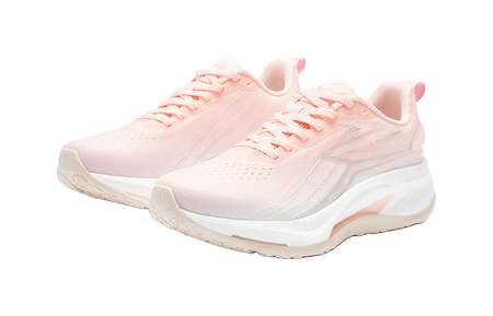 Women's low-top running shoes in pink and white, lace-up with breathable perforations