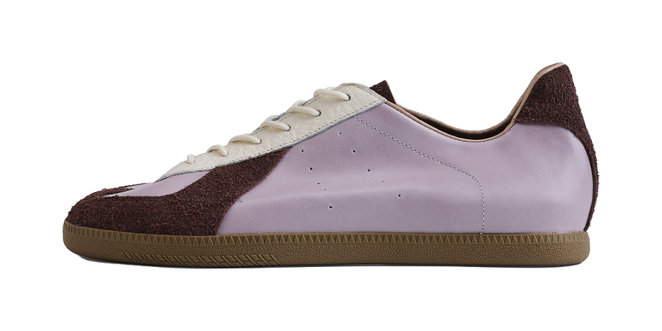 Lavender low-top training shoes with dark brown side panels, white laces, gum sole