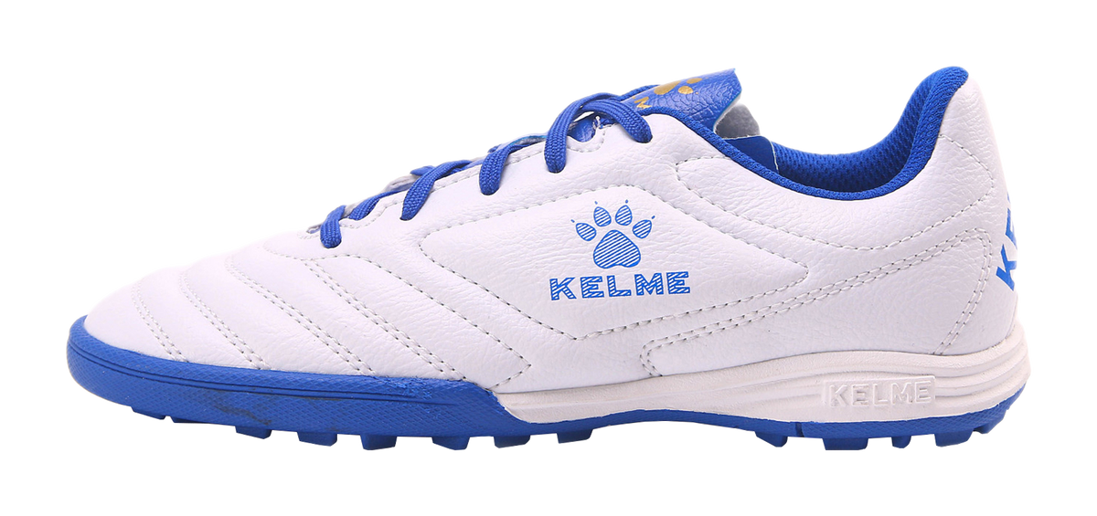 Unisex training soccer shoe in white with blue laces, KELME logo, rubber outsole