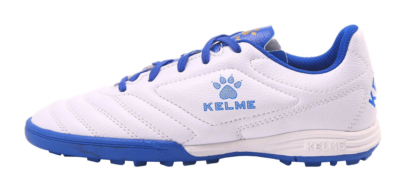Unisex training soccer shoe in white with blue laces, KELME logo, rubber outsole
