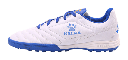 Unisex training soccer shoe in white with blue laces, KELME logo, rubber outsole