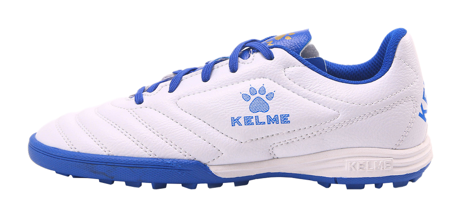 Unisex training soccer shoe in white with blue laces, KELME logo, rubber outsole