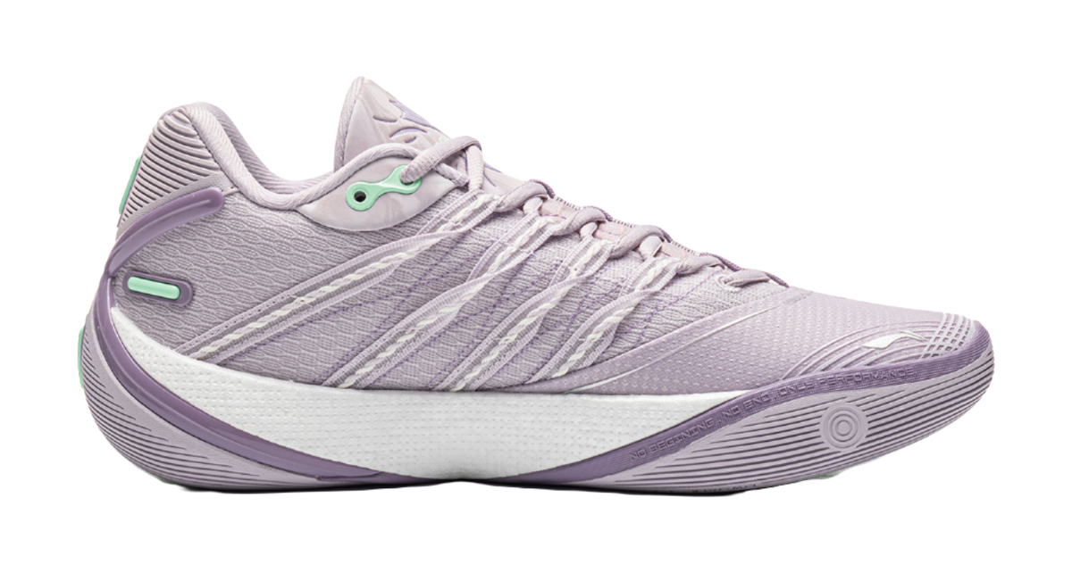 Lavender low basketball shoe with lace-up closure, side stripes, and mint accents