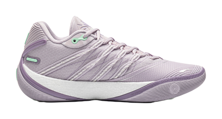 Lavender low basketball shoe with lace-up closure, side stripes, and mint accents