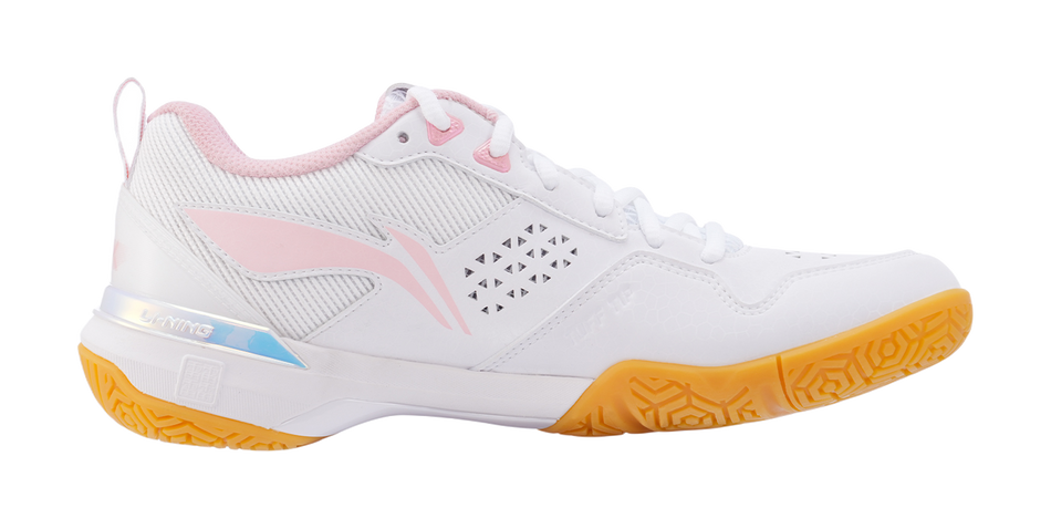 Li-Ning Blade Max unisex badminton shoe, white with pink overlays and orange sole
