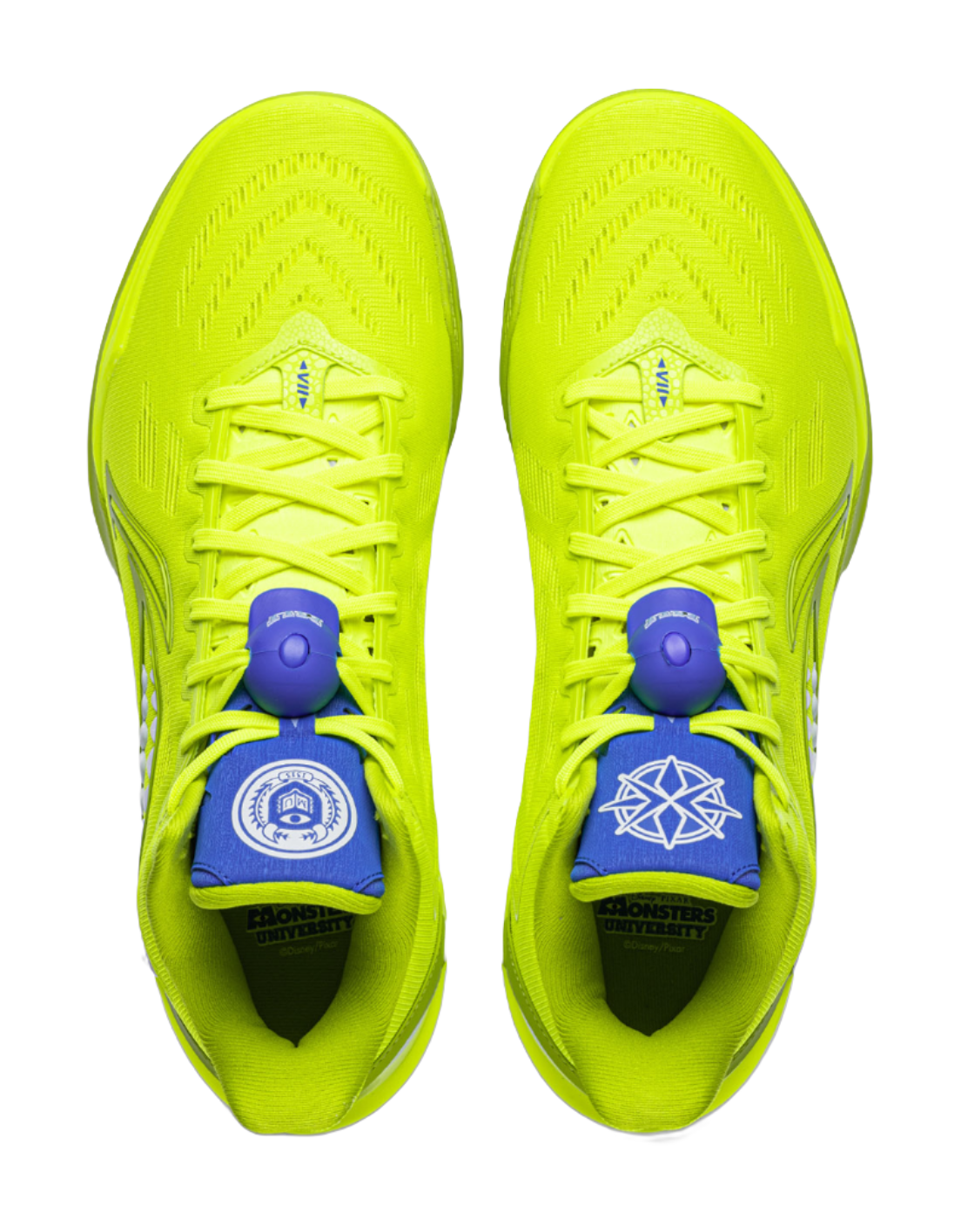 Pair of green basketball shoes viewed from above, with blue logo tongues and laces