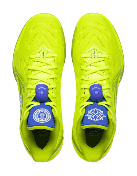 Pair of green basketball shoes viewed from above, with blue logo tongues and laces