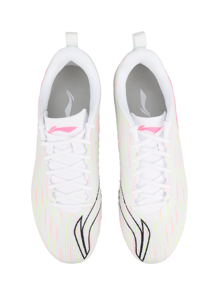 Pair of youth soccer shoes with white laces, multicolor grid uppers, pink trim