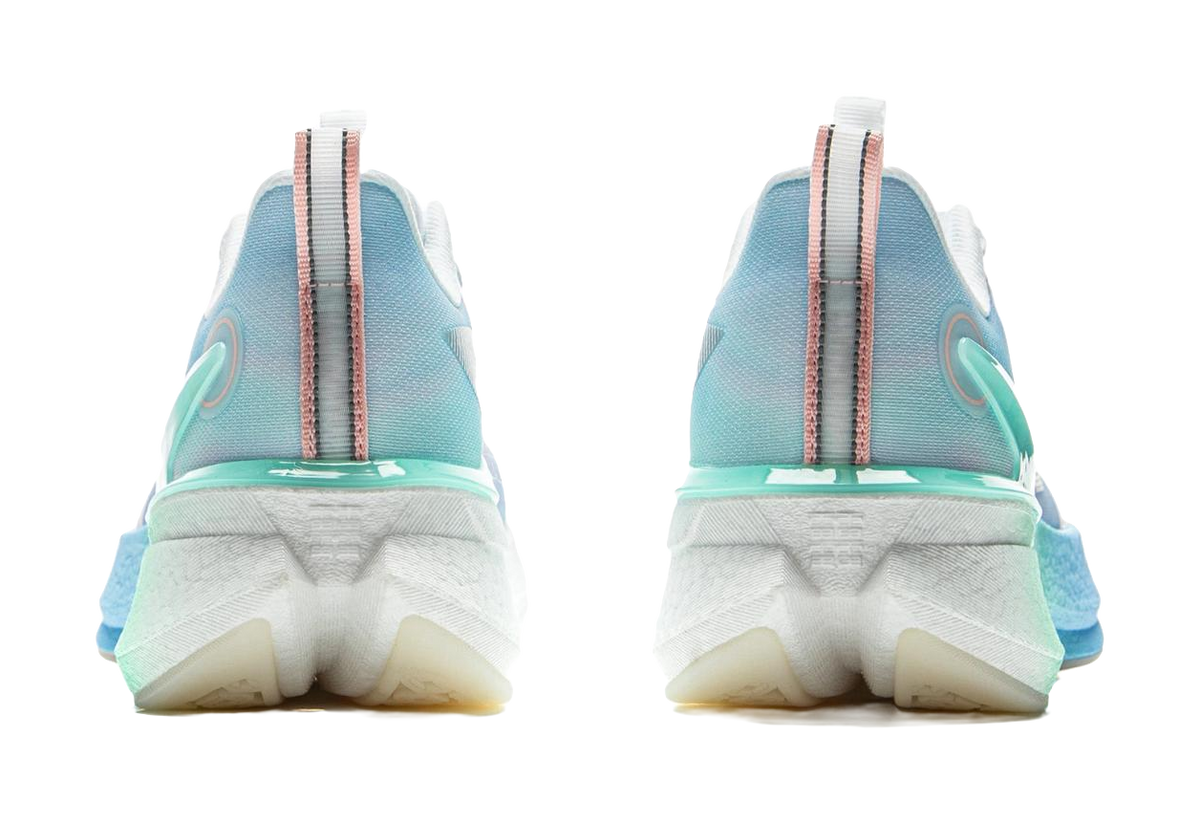 Pair of running shoes back view with padded heel collar and teal side stripes.