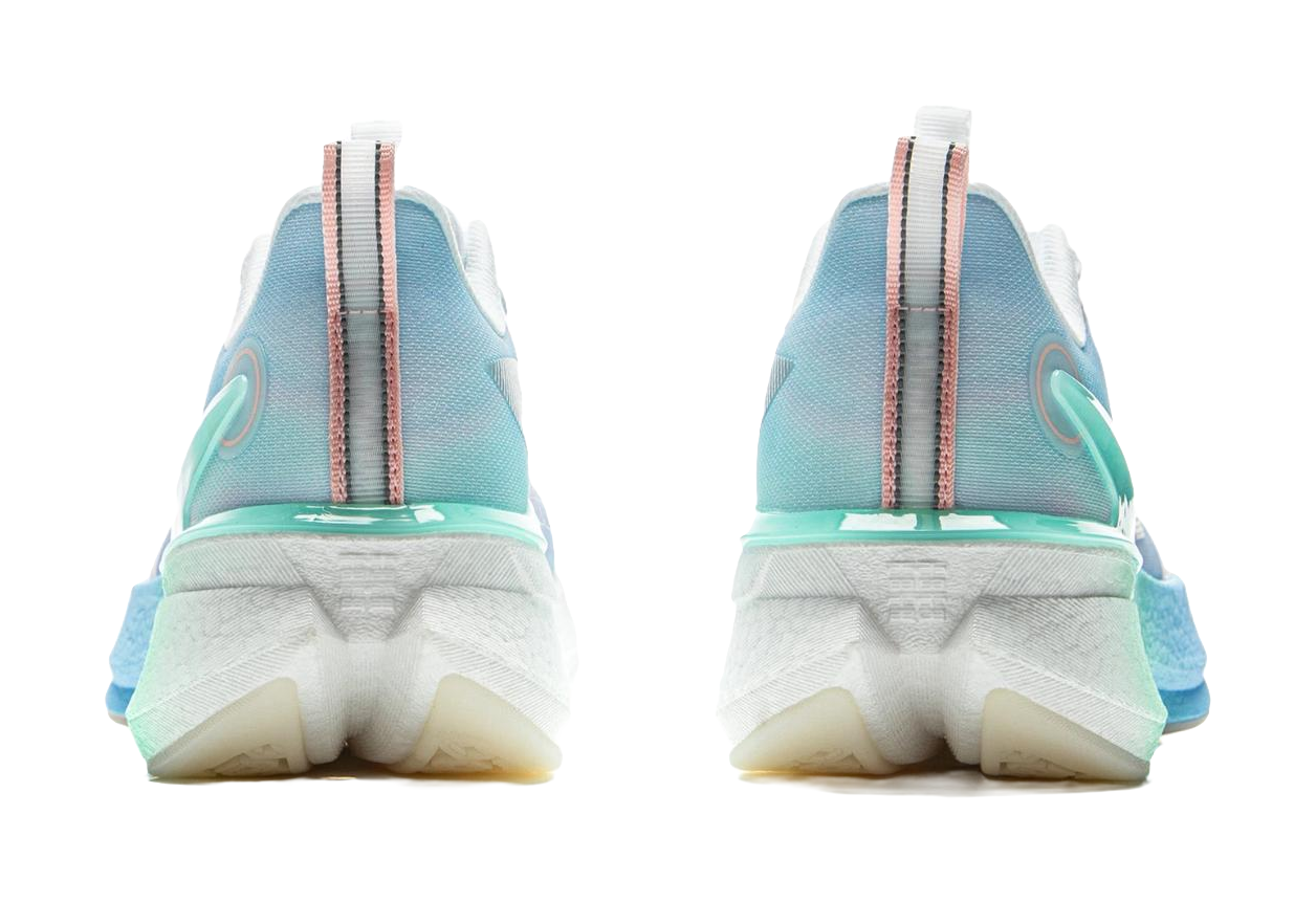 Pair of running shoes back view with padded heel collar and teal side stripes.