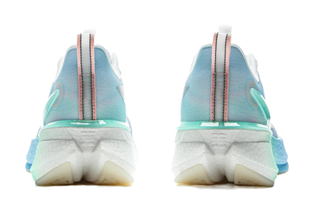 Pair of running shoes back view with padded heel collar and teal side stripes.